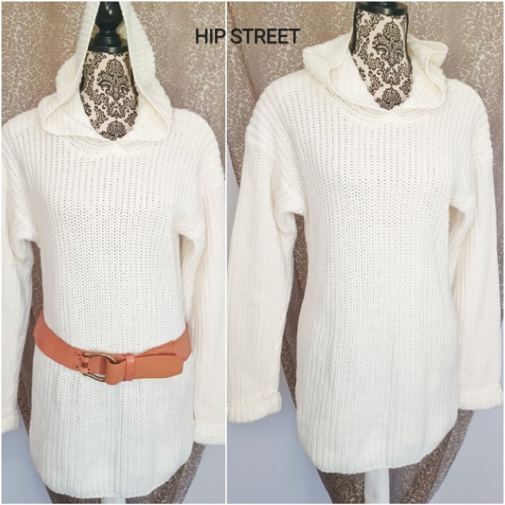VINTAGE 80'S Nuggets Pull Over LS Chunky Knit Tunic Mini Dress Hoodie Sweater M